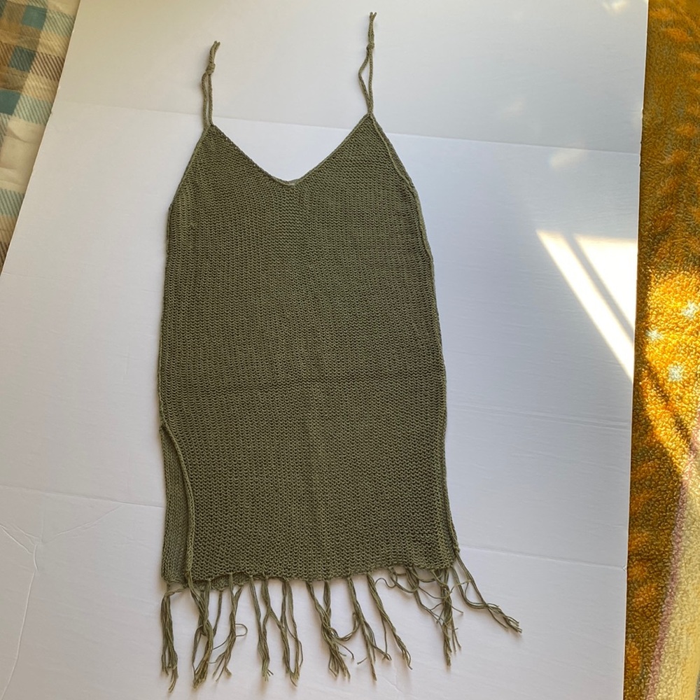 Unknown Brand Knit Yarn Tunic Tank Top with Fringe Forest Green Boho Beachy 👙